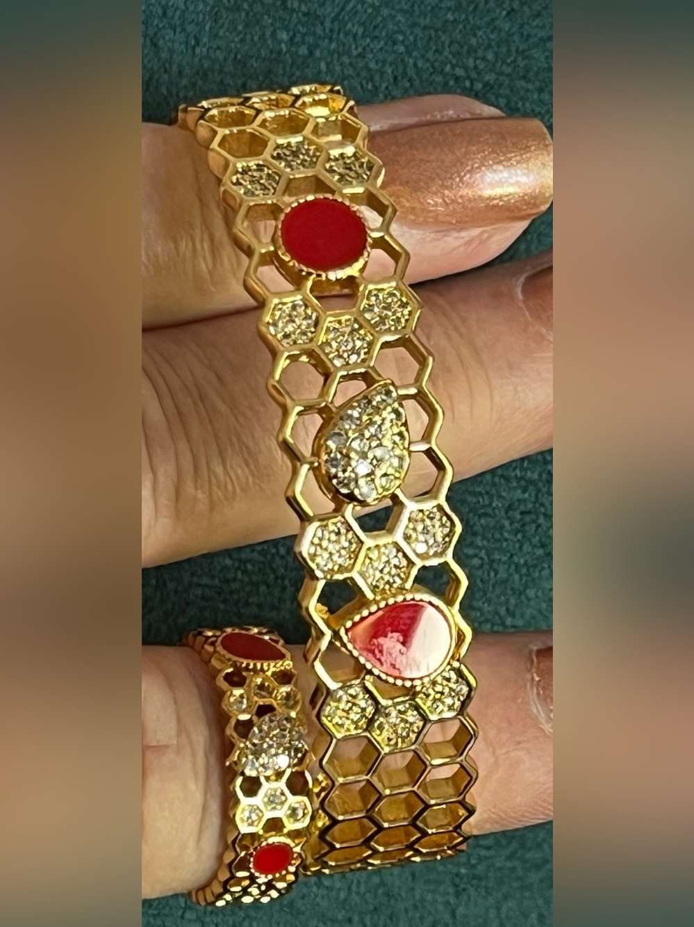 Gold Honeycomb Cuff Bracelet w/Red Enamel and Crystal Accents and Matching Ring!